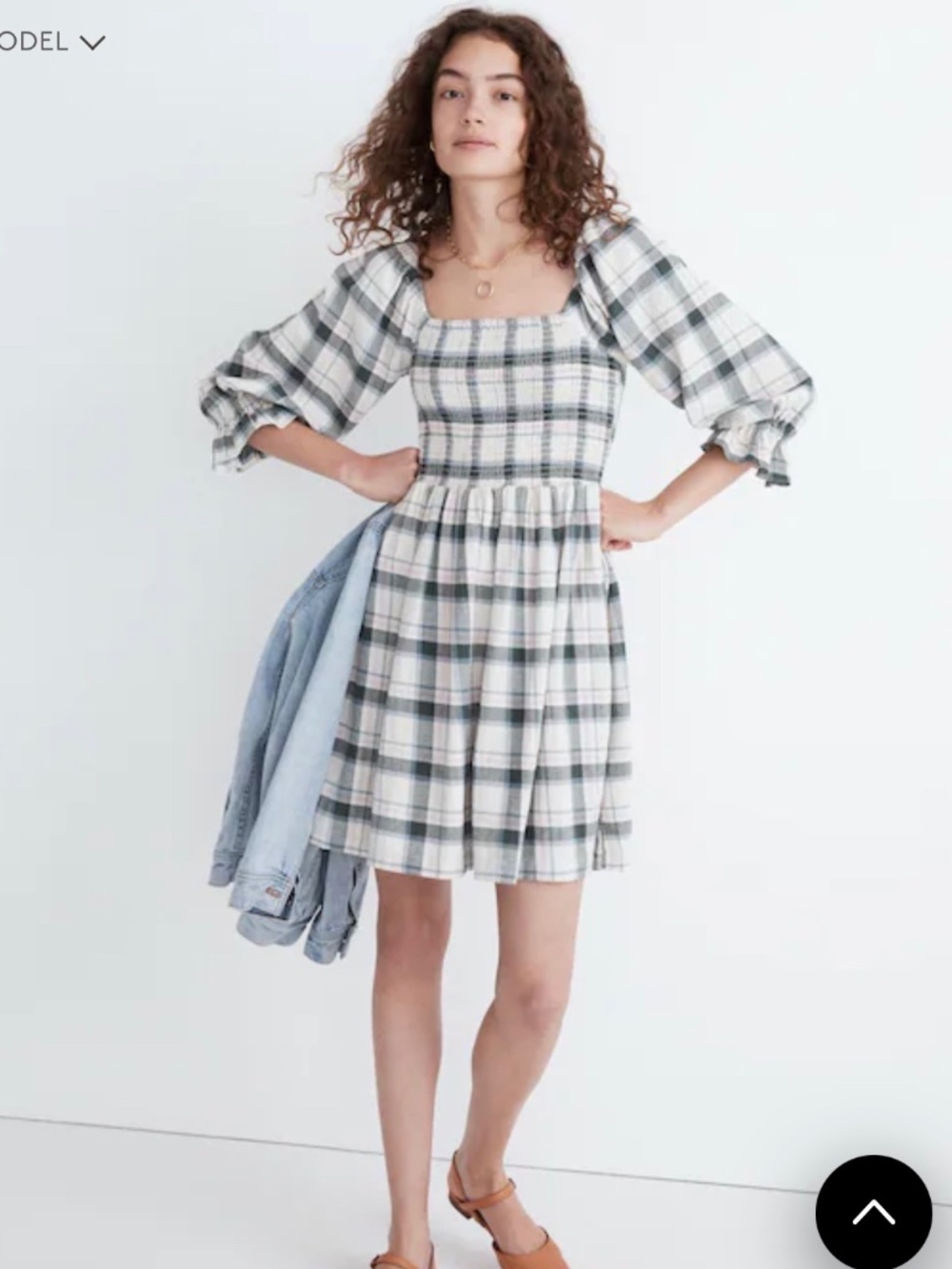 Lucie Elbow-Sleeve Smocked Mini Dress in Lebaum Plaid